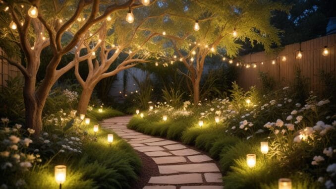 Lyft din trädgård med snygg trädgårdsbelysning Lyft din trädgård med snygg trädgårdsbelysning illustration